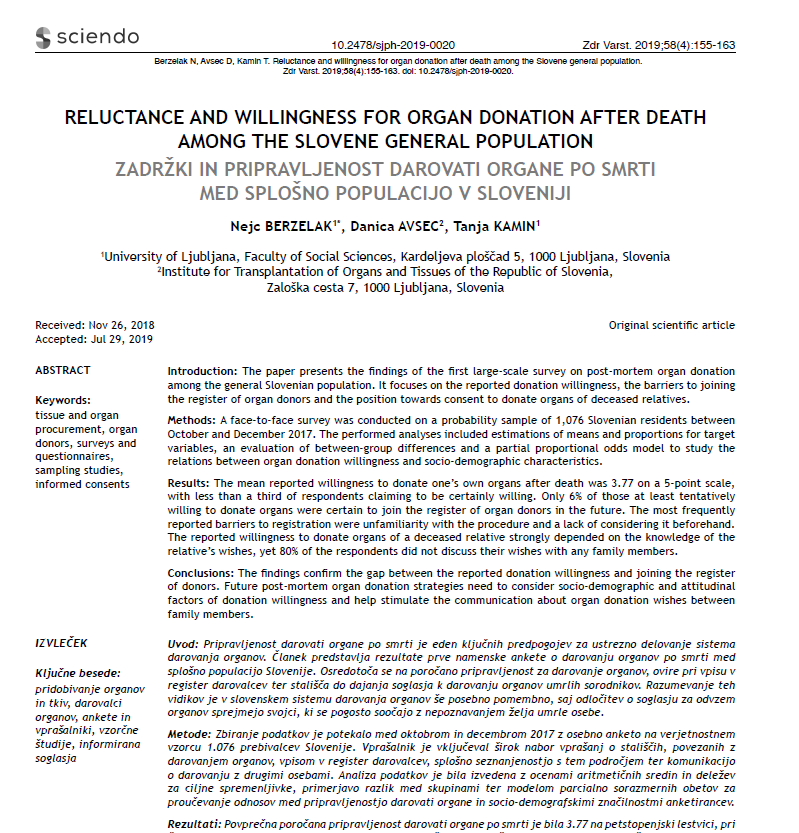 Scientific articles about organ donation in Slovenia (organisation, results, ethics, public understanding…)